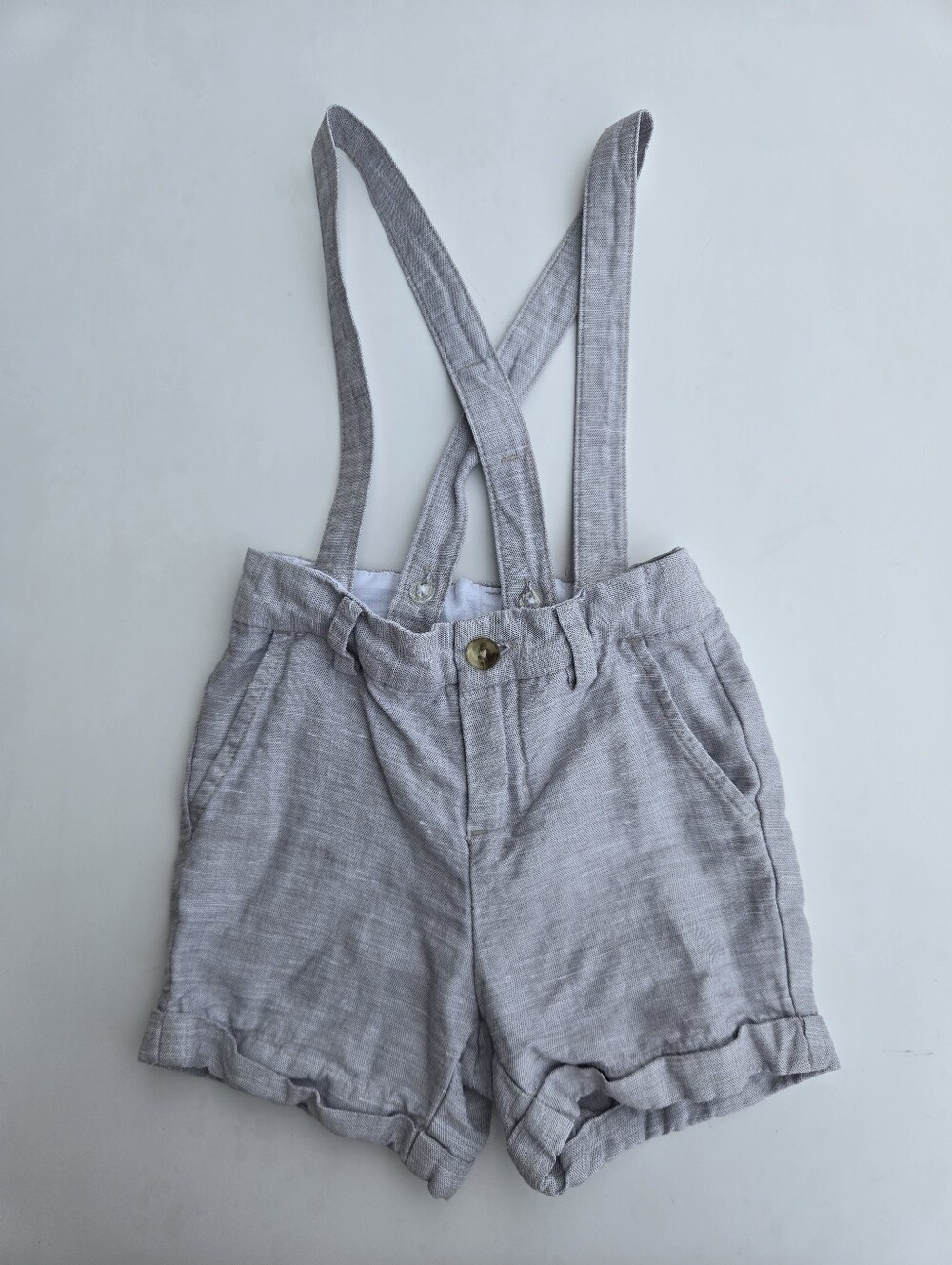 Janie and Jack Light Gray Linen Suspender Shorts 18-24m